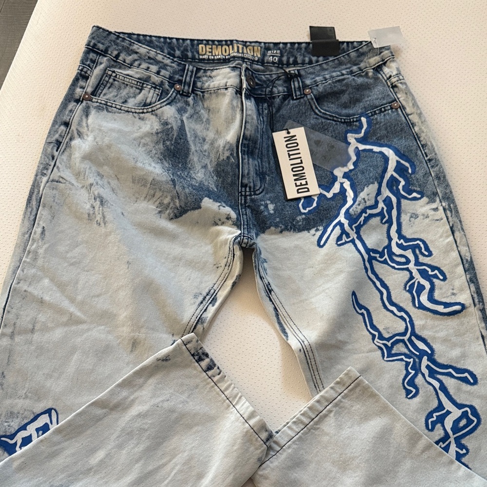 Demolition Blue and White Relaxed Men's Jeans